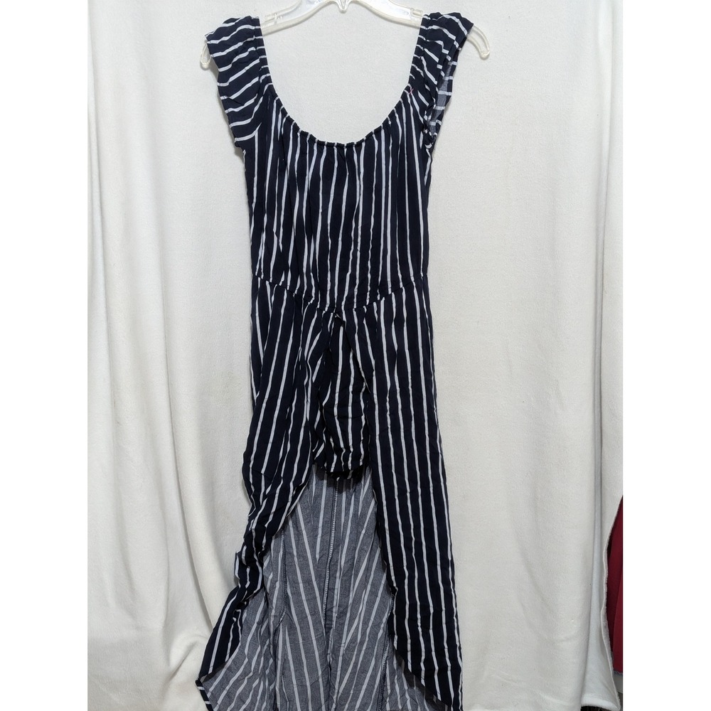 Ambiance Navy Blue White Striped High Low Maxi Dress Large Scoop Neck Summer